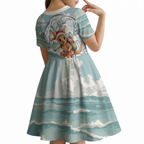 Aussie Festive Wallaby Christmas Kid Short Sleeve Dress Surf's up Santa Animal Lover