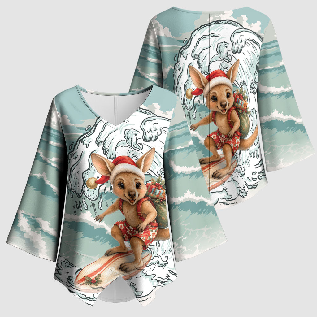 Aussie Festive Wallaby Christmas Kimono Sleeve Blouse Surf's up Santa Animal Lover