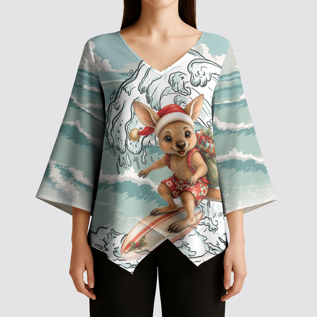 Aussie Festive Wallaby Christmas Kimono Sleeve Blouse Surf's up Santa Animal Lover