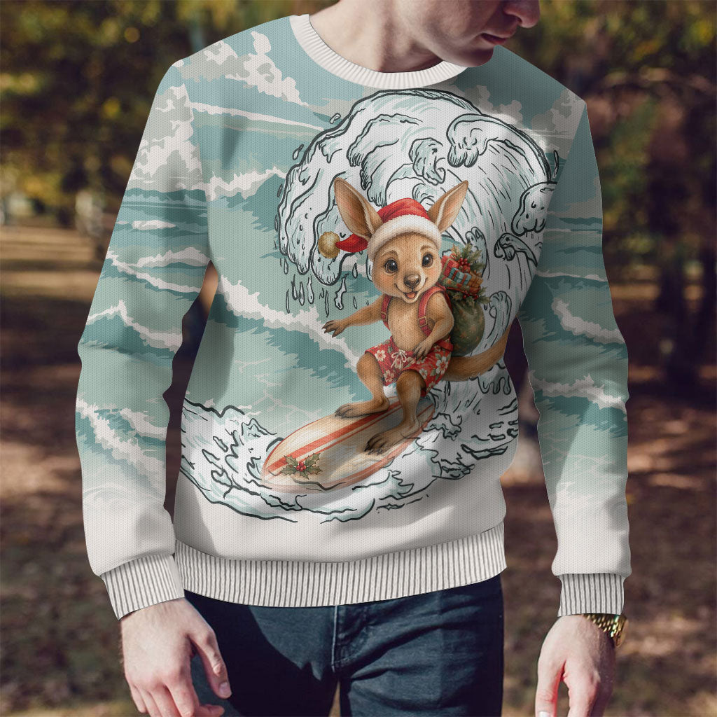 Aussie Festive Wallaby Christmas Ugly Christmas Sweater Surf's up Santa Animal Lover