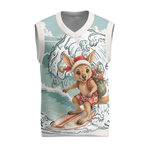 Aussie Festive Wallaby Christmas Knitted V-Neck Vest Surf's up Santa Animal Lover