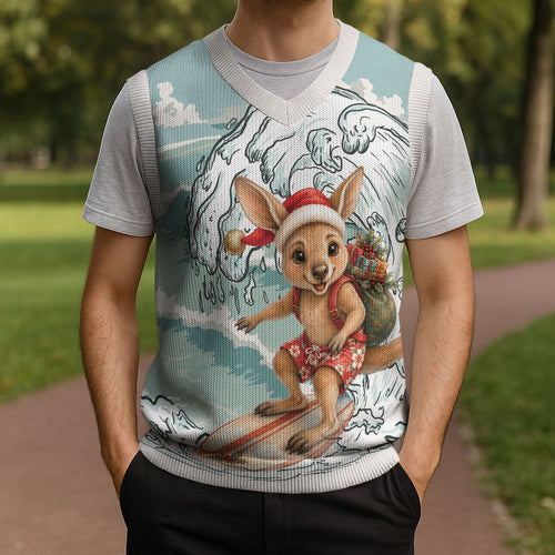 Aussie Festive Wallaby Christmas Knitted V-Neck Vest Surf's up Santa Animal Lover