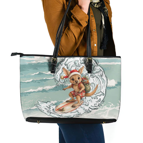 Aussie Festive Wallaby Christmas Leather Tote Bag Surf's up Santa Animal Lover