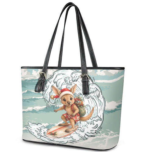 Aussie Festive Wallaby Christmas Leather Tote Bag Surf's up Santa Animal Lover