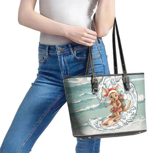 Aussie Festive Wallaby Christmas Leather Tote Bag Surf's up Santa Animal Lover
