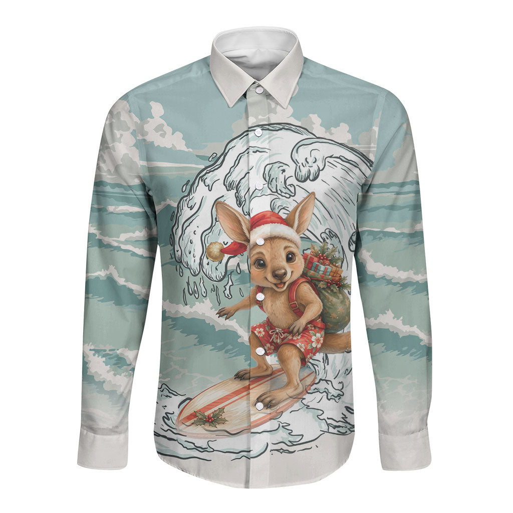 Aussie Festive Wallaby Christmas Long Sleeve Button Shirt Surf's up Santa Animal Lover