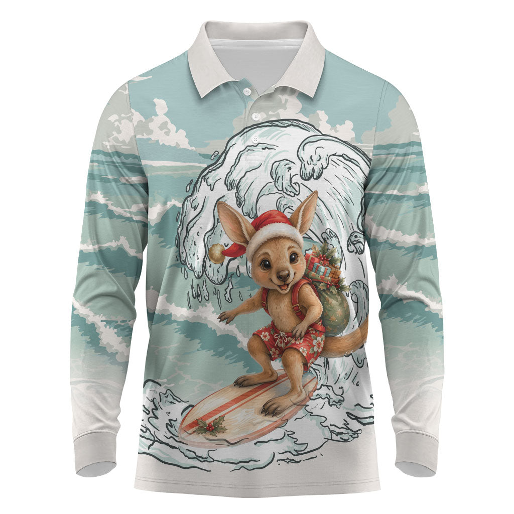 Aussie Festive Wallaby Christmas Long Sleeve Polo Shirt Surf's up Santa Animal Lover