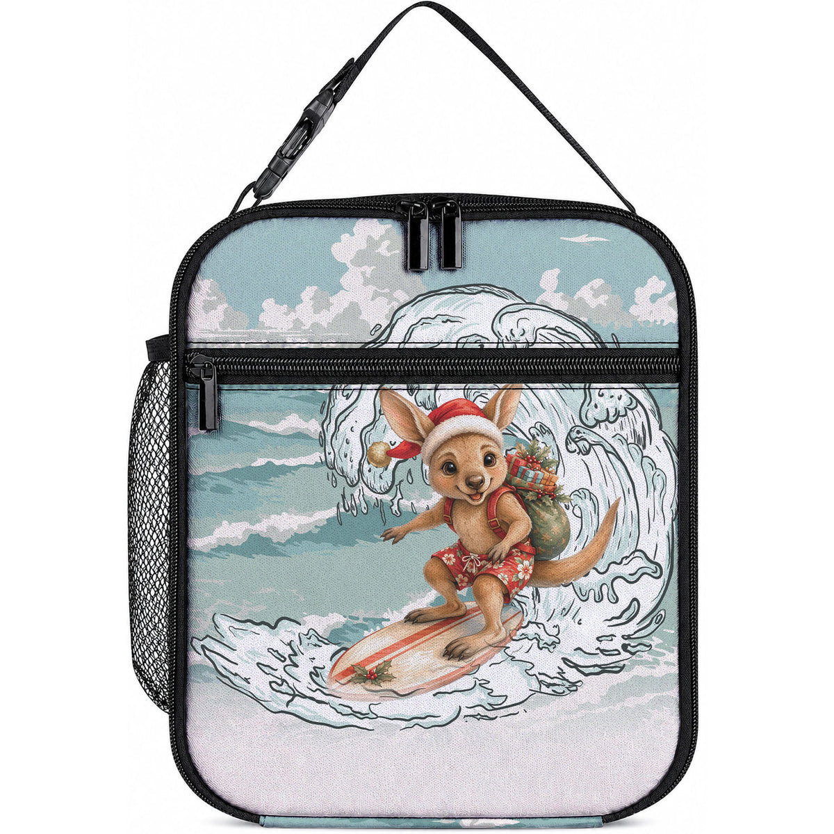 Aussie Festive Wallaby Christmas Lunch Bag Surf's up Santa Animal Lover