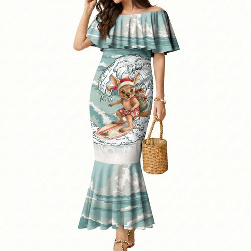 Aussie Festive Wallaby Christmas Mermaid Dress Surf's up Santa Animal Lover