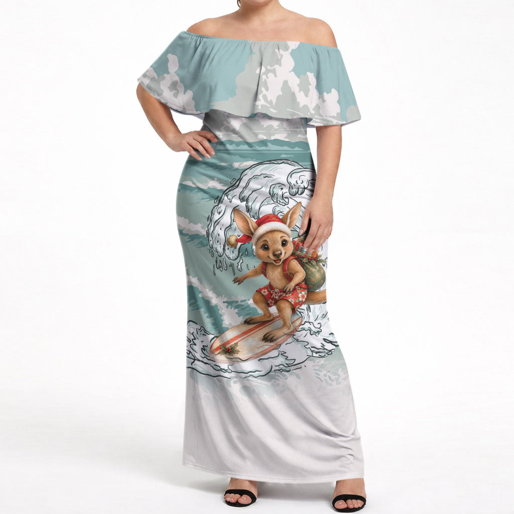 Aussie Festive Wallaby Christmas Off Shoulder Maxi Dress Surf's up Santa Animal Lover