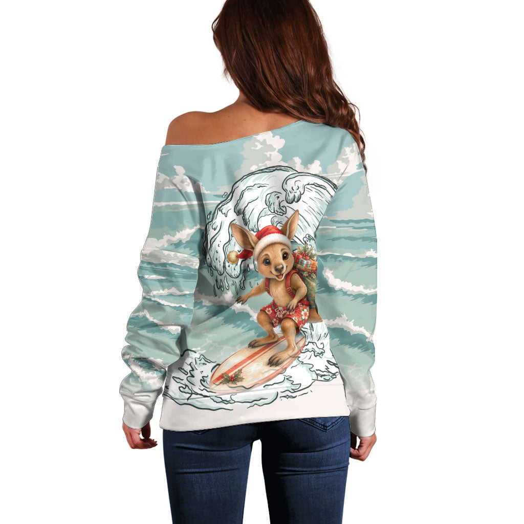 Aussie Festive Wallaby Christmas Off Shoulder Sweater Surf's up Santa Animal Lover