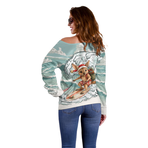 Aussie Festive Wallaby Christmas Off Shoulder Sweater Surf's up Santa Animal Lover