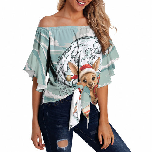 Aussie Festive Wallaby Christmas Off Shoulder Wrap Waist Top Surf's up Santa Animal Lover