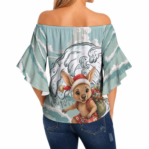 Aussie Festive Wallaby Christmas Off Shoulder Wrap Waist Top Surf's up Santa Animal Lover
