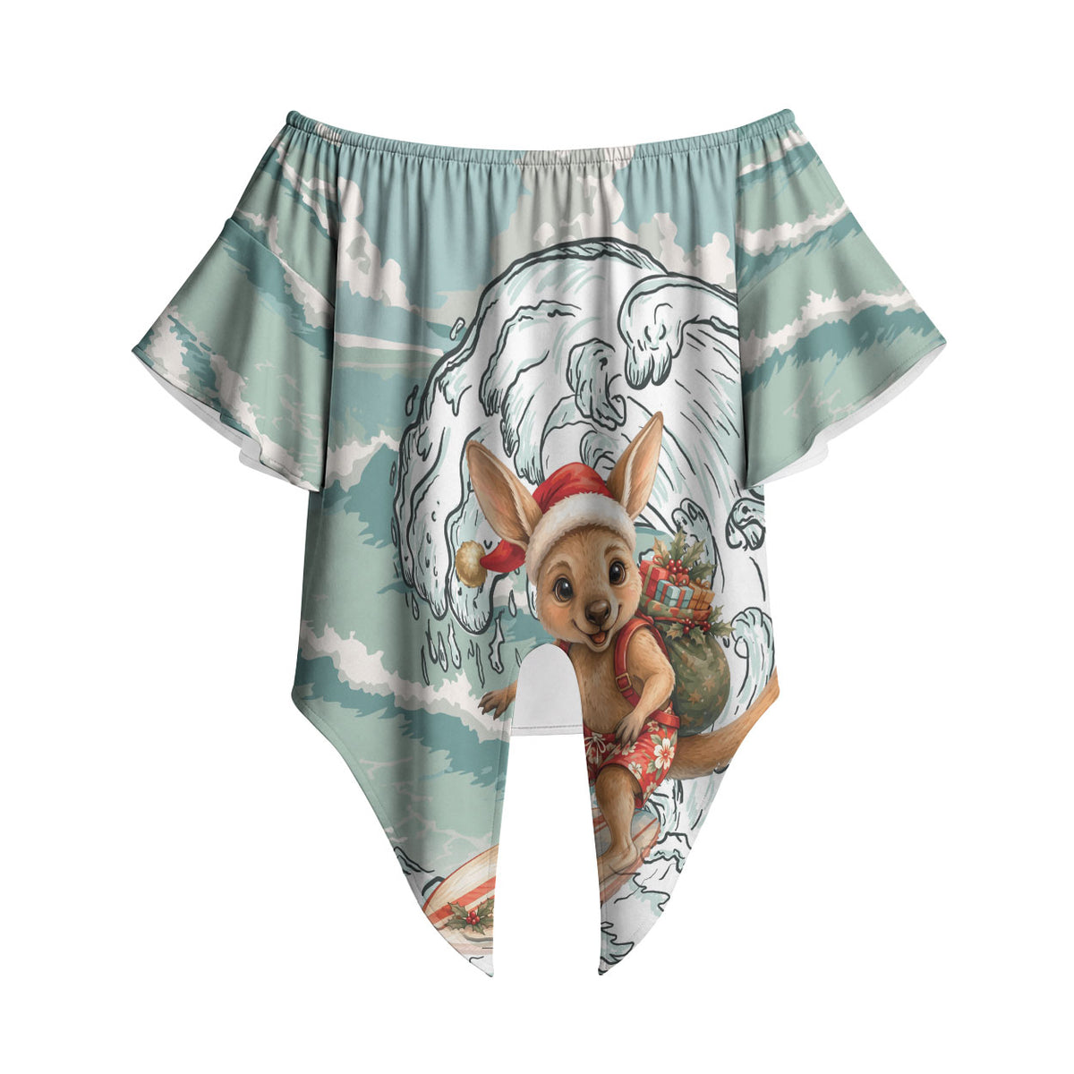Aussie Festive Wallaby Christmas Off Shoulder Wrap Waist Top Surf's up Santa Animal Lover