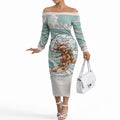 Aussie Festive Wallaby Christmas Off The Shoulder Long Sleeve Dress Surf's up Santa Animal Lover