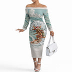 Aussie Festive Wallaby Christmas Off The Shoulder Long Sleeve Dress Surf's up Santa Animal Lover
