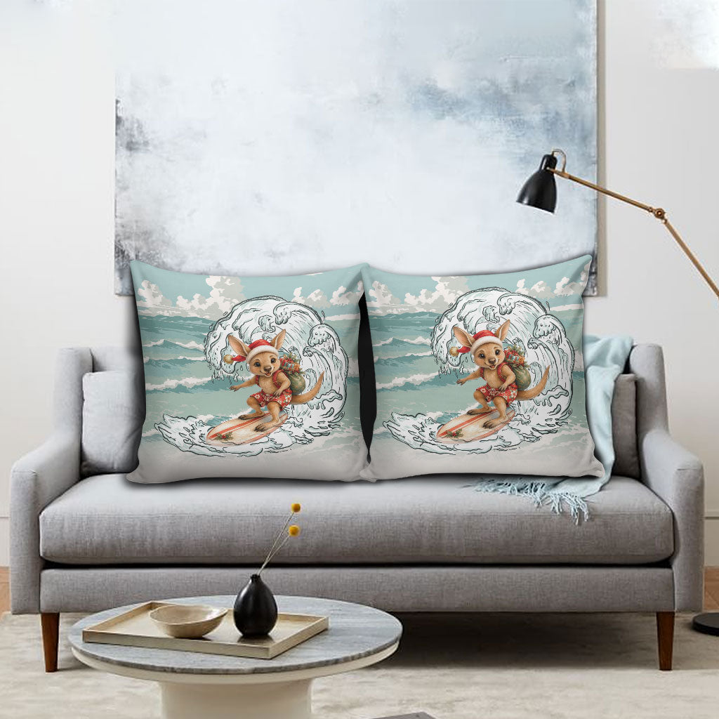 Aussie Festive Wallaby Christmas Pillow Cover Surf's up Santa Animal Lover