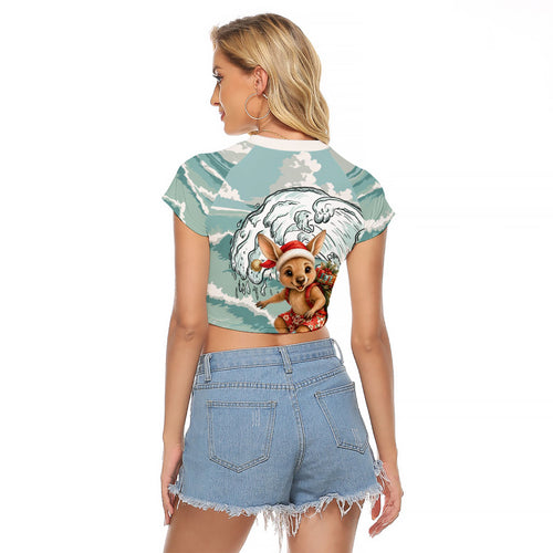 Aussie Festive Wallaby Christmas Raglan Cropped T Shirt Surf's up Santa Animal Lover