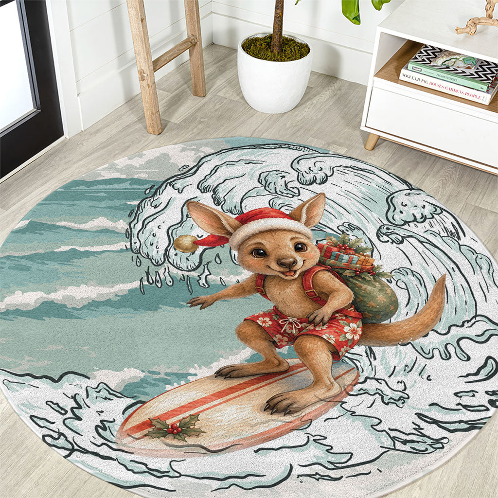 Aussie Festive Wallaby Christmas Round Carpet Surf's up Santa Animal Lover