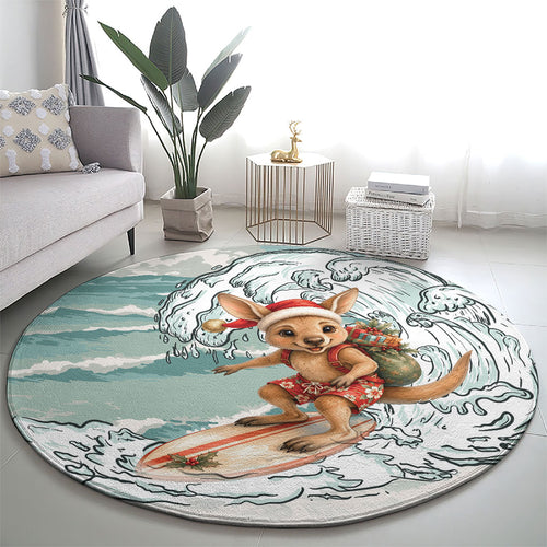 Aussie Festive Wallaby Christmas Round Carpet Surf's up Santa Animal Lover