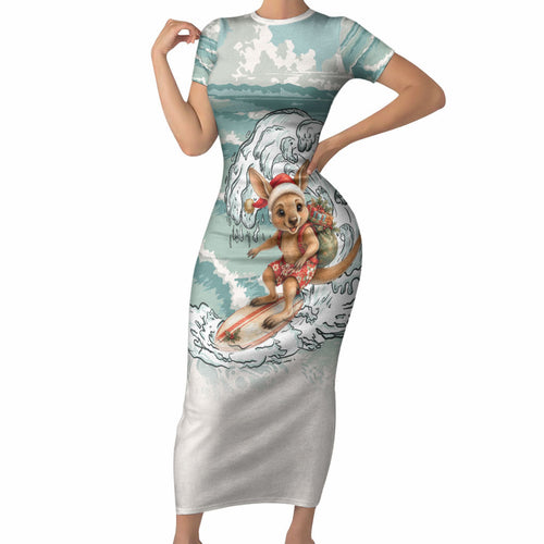 Aussie Festive Wallaby Christmas Short Sleeve Bodycon Dress Surf's up Santa Animal Lover