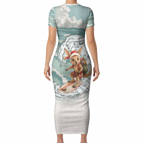 Aussie Festive Wallaby Christmas Short Sleeve Bodycon Dress Surf's up Santa Animal Lover