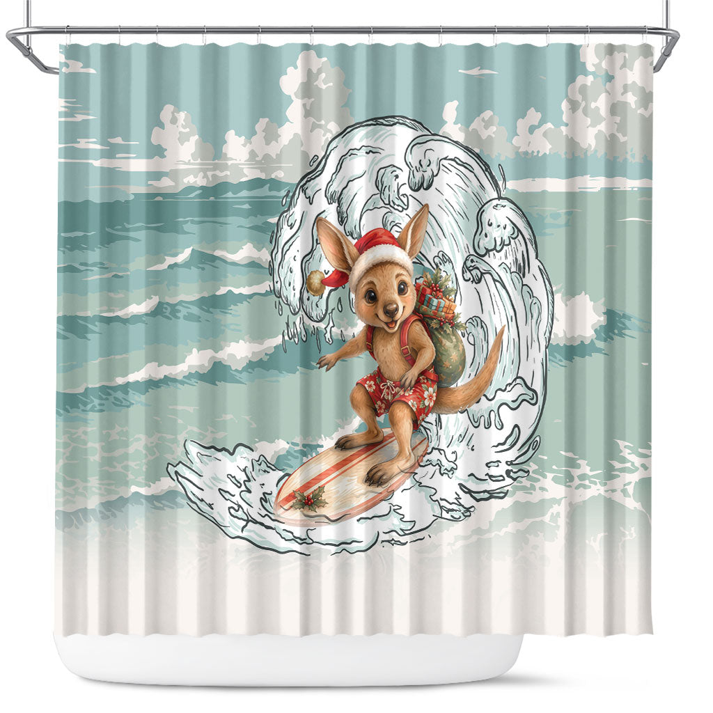 Aussie Festive Wallaby Christmas Shower Curtain Surf's up Santa Animal Lover