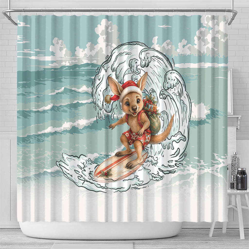Aussie Festive Wallaby Christmas Shower Curtain Surf's up Santa Animal Lover
