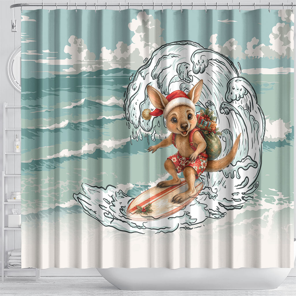 Aussie Festive Wallaby Christmas Shower Curtain Surf's up Santa Animal Lover