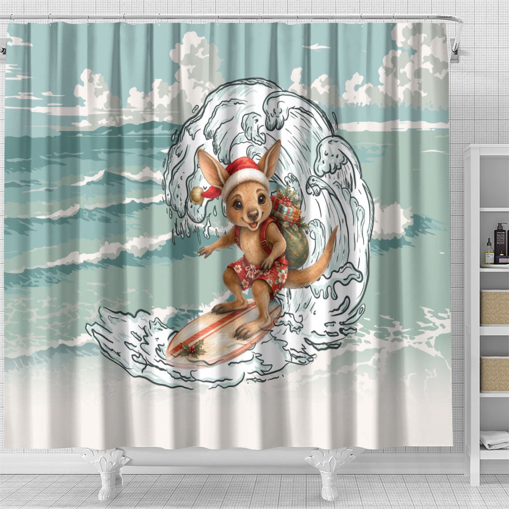 Aussie Festive Wallaby Christmas Shower Curtain Surf's up Santa Animal Lover