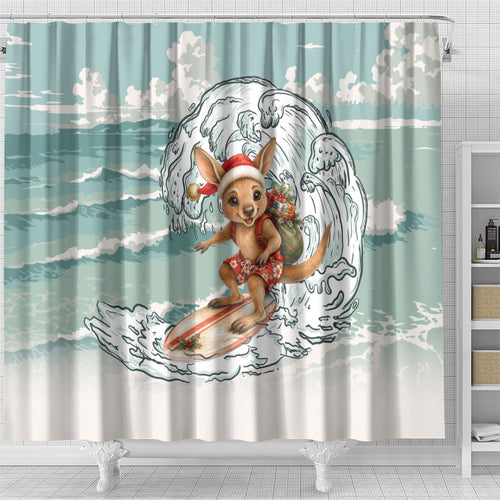 Aussie Festive Wallaby Christmas Shower Curtain Surf's up Santa Animal Lover
