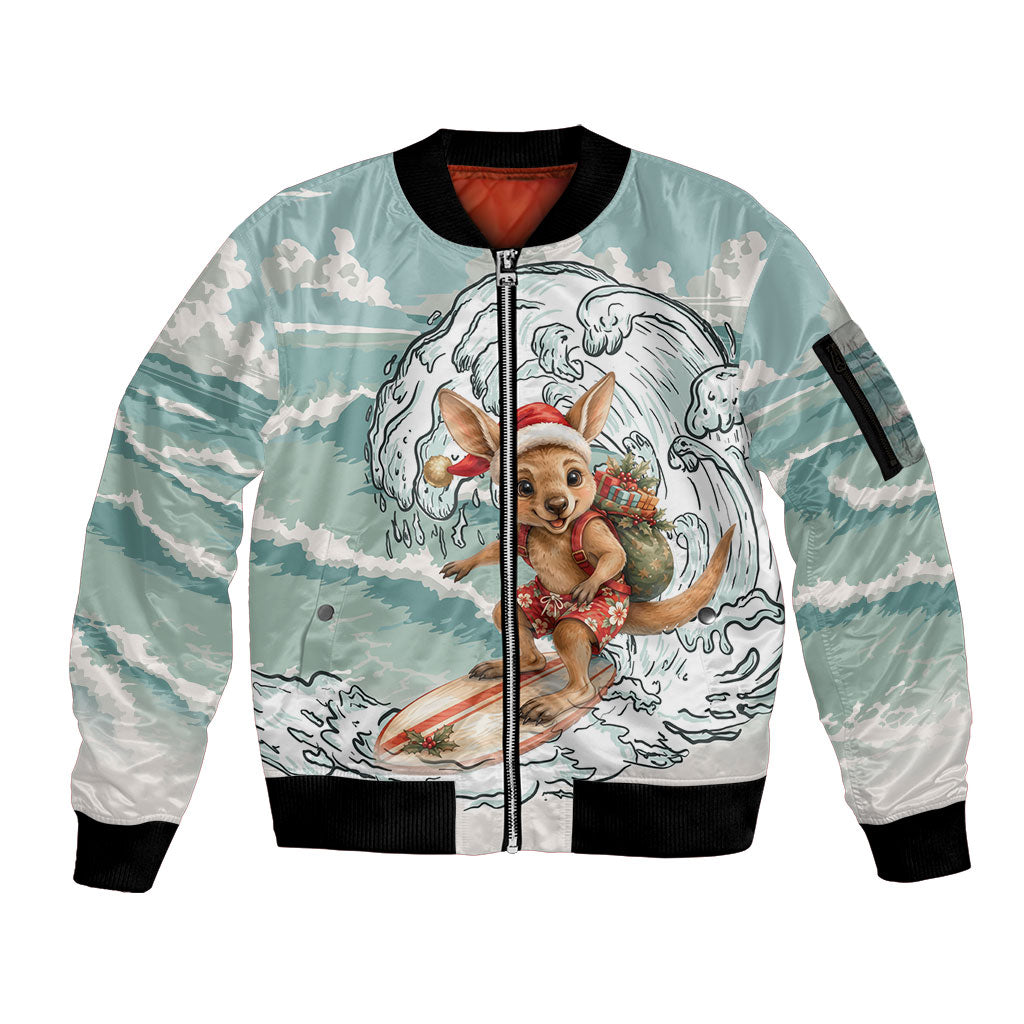 Aussie Festive Wallaby Christmas Sleeve Zip Bomber Jacket Surf's up Santa Animal Lover