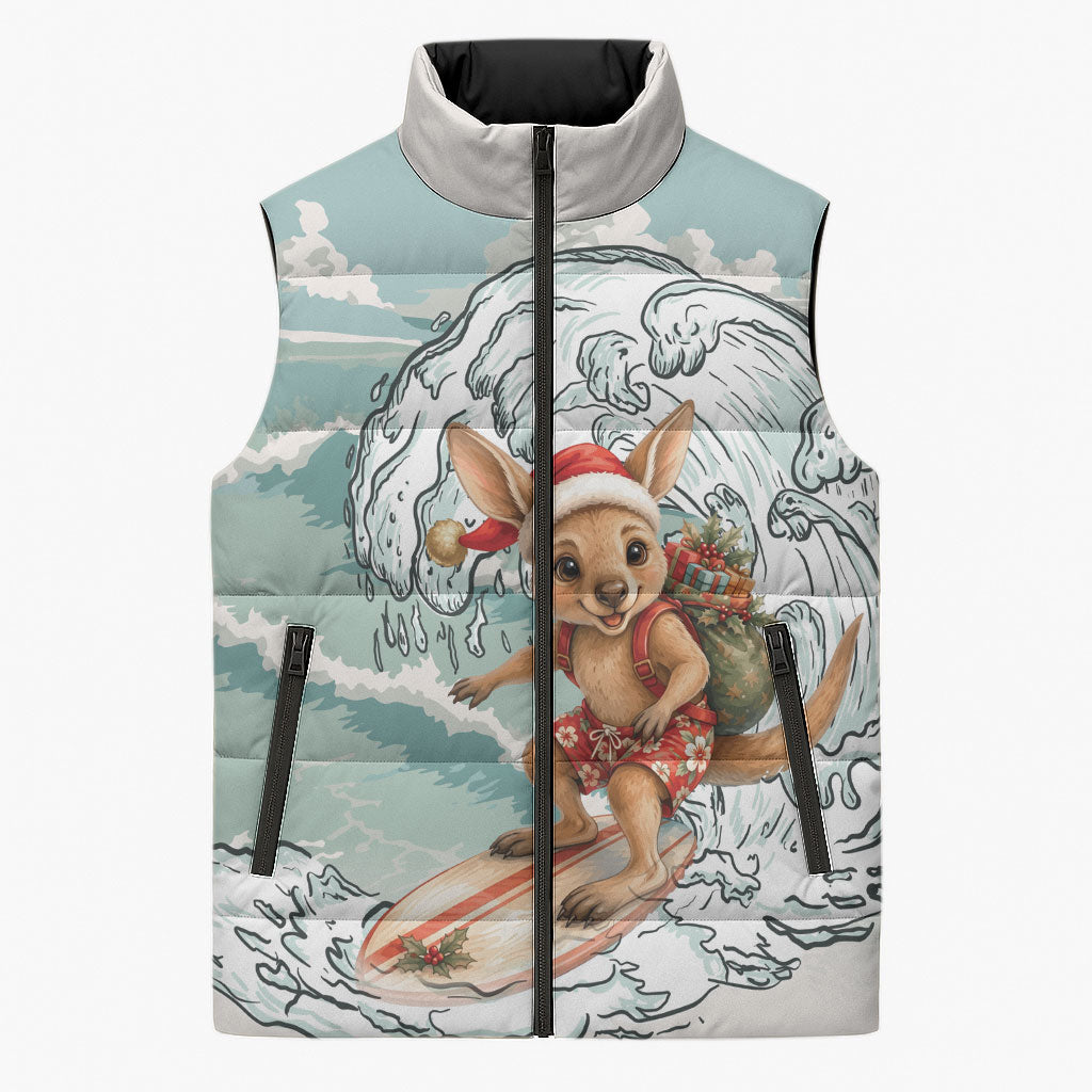 Aussie Festive Wallaby Christmas Sleeveless Puffer Jacket Surf's up Santa Animal Lover