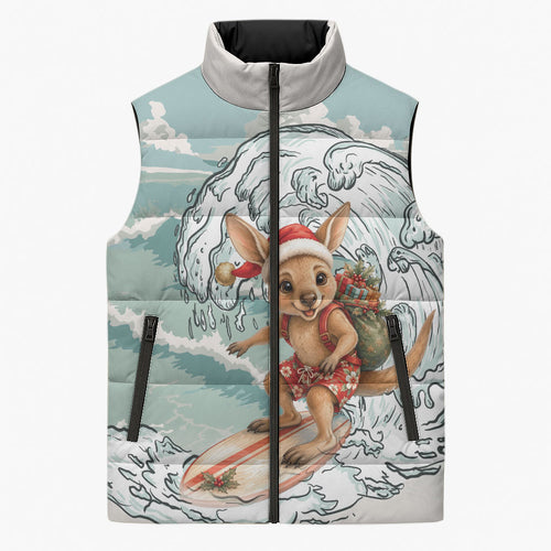 Aussie Festive Wallaby Christmas Sleeveless Puffer Jacket Surf's up Santa Animal Lover