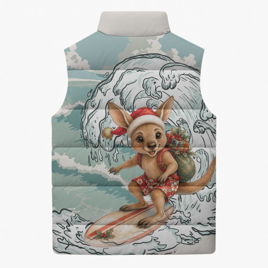 Aussie Festive Wallaby Christmas Sleeveless Puffer Jacket Surf's up Santa Animal Lover