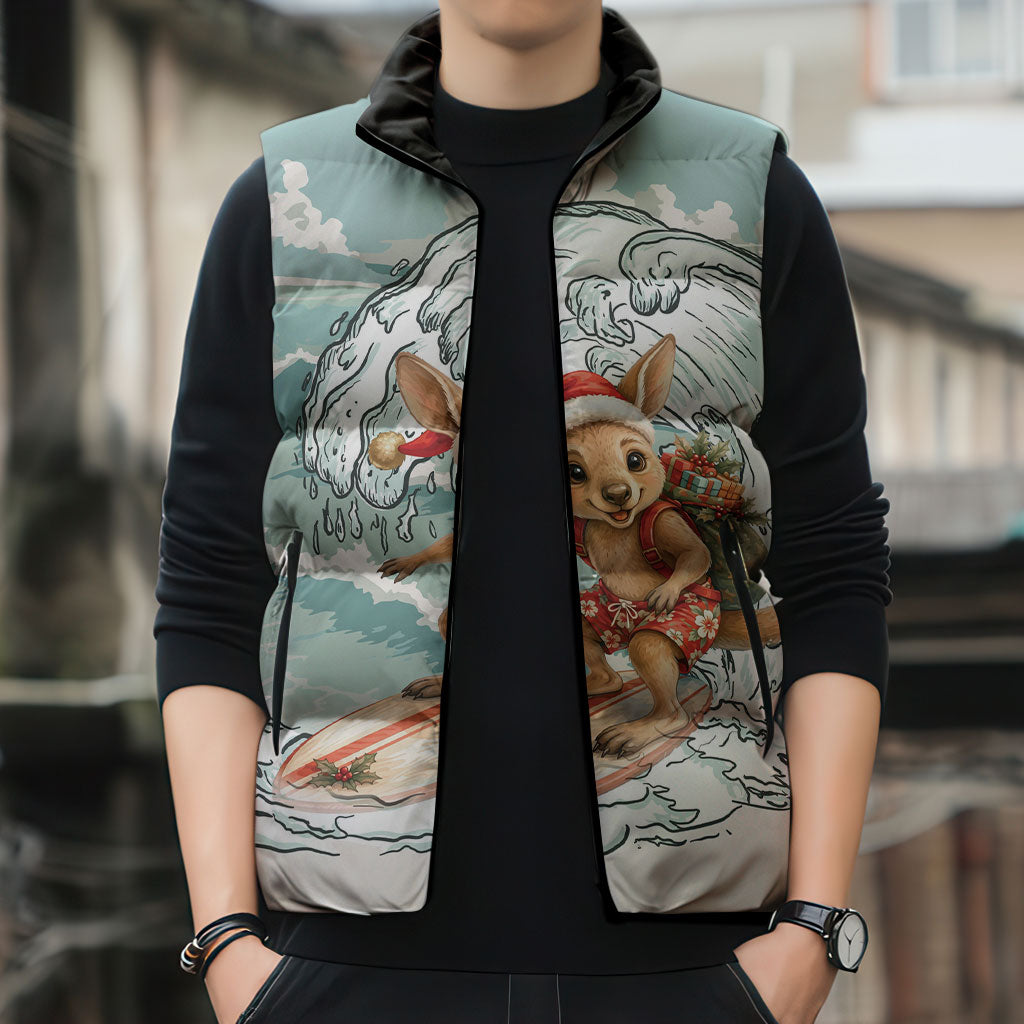 Aussie Festive Wallaby Christmas Sleeveless Puffer Jacket Surf's up Santa Animal Lover