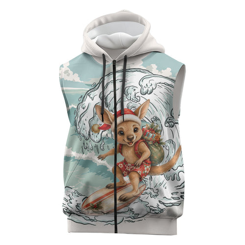 Aussie Festive Wallaby Christmas Sleeveless Zip Hoodie Surf's up Santa Animal Lover