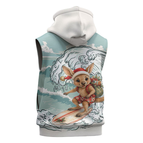 Aussie Festive Wallaby Christmas Sleeveless Zip Hoodie Surf's up Santa Animal Lover