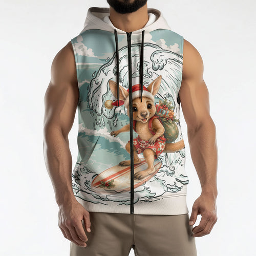 Aussie Festive Wallaby Christmas Sleeveless Zip Hoodie Surf's up Santa Animal Lover