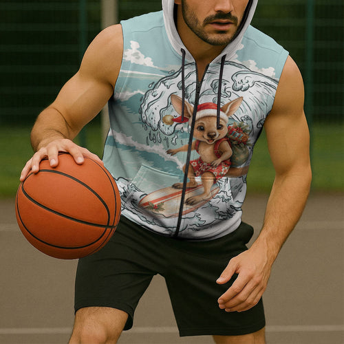 Aussie Festive Wallaby Christmas Sleeveless Zip Hoodie Surf's up Santa Animal Lover