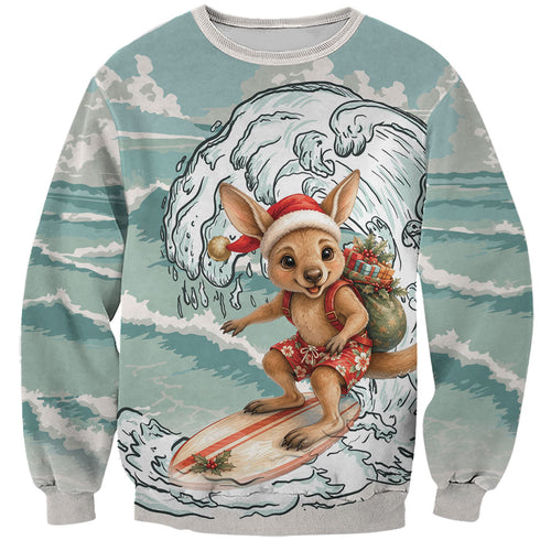 Aussie Festive Wallaby Christmas Sweatshirt Surf's up Santa Animal Lover