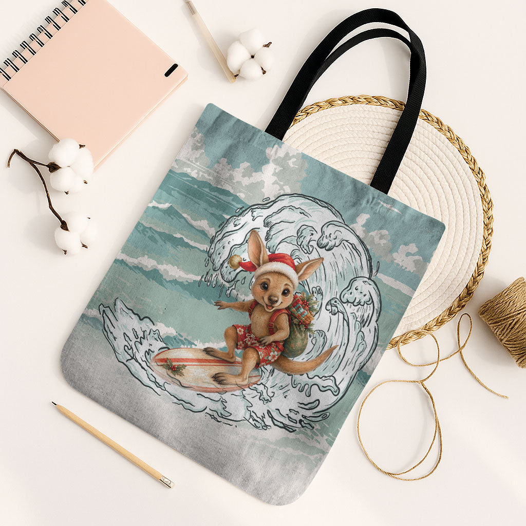 Aussie Festive Wallaby Christmas Tote Bag Surf's up Santa Animal Lover
