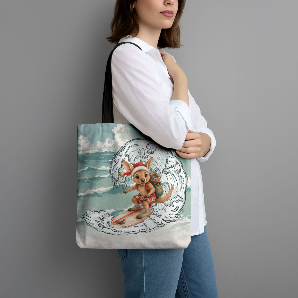 Aussie Festive Wallaby Christmas Tote Bag Surf's up Santa Animal Lover