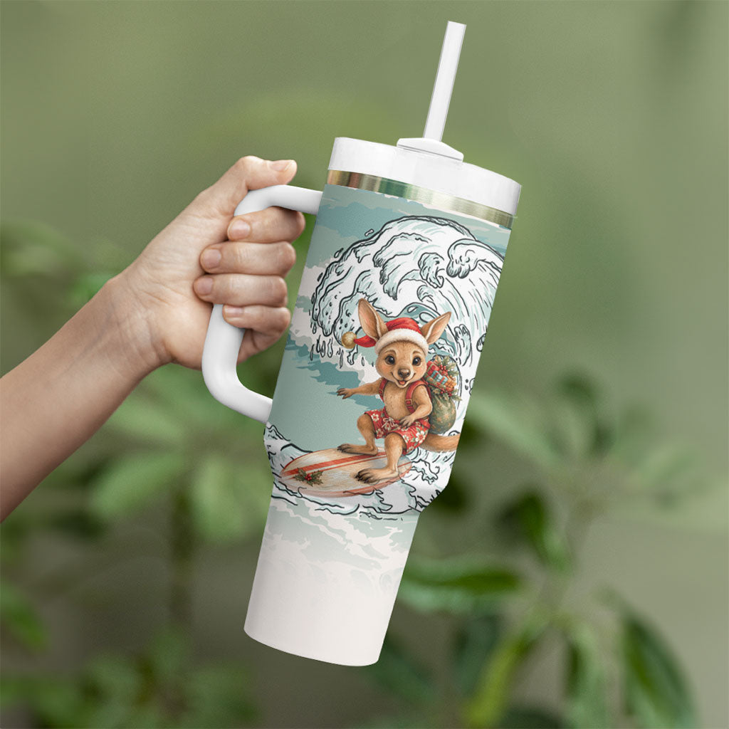 Aussie Festive Wallaby Christmas Tumbler With Handle Surf's up Santa Animal Lover