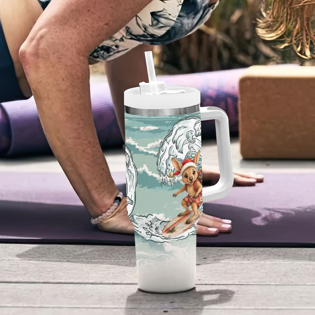 Aussie Festive Wallaby Christmas Tumbler With Handle Surf's up Santa Animal Lover