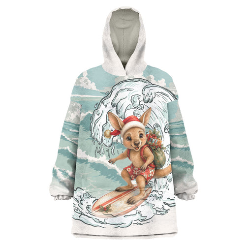 Aussie Festive Wallaby Christmas Wearable Blanket Hoodie Surf's up Santa Animal Lover