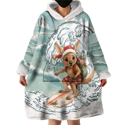 Aussie Festive Wallaby Christmas Wearable Blanket Hoodie Surf's up Santa Animal Lover