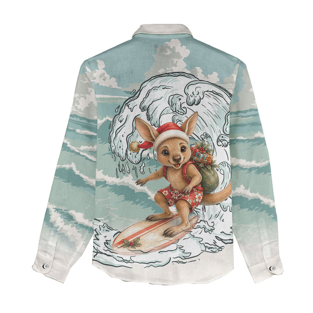 Aussie Festive Wallaby Christmas Women Casual Shirt Surf's up Santa Animal Lover