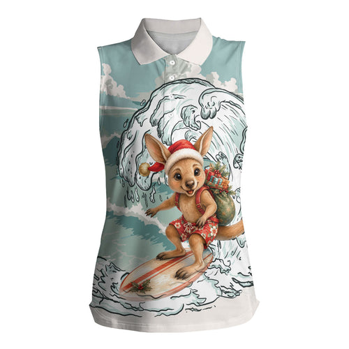 Aussie Festive Wallaby Christmas Women Sleeveless Polo Shirt Surf's up Santa Animal Lover